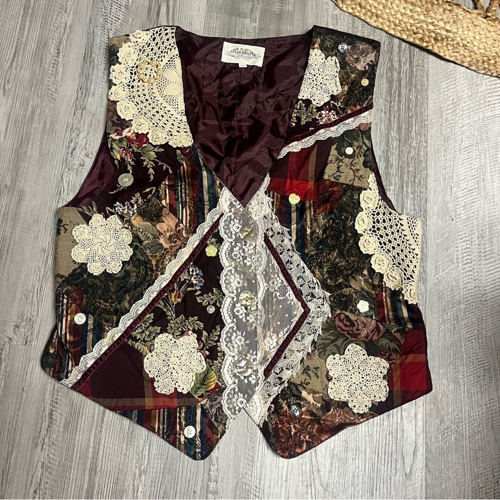 Susan Bristol Burgundy Patchwork Vest with Lace